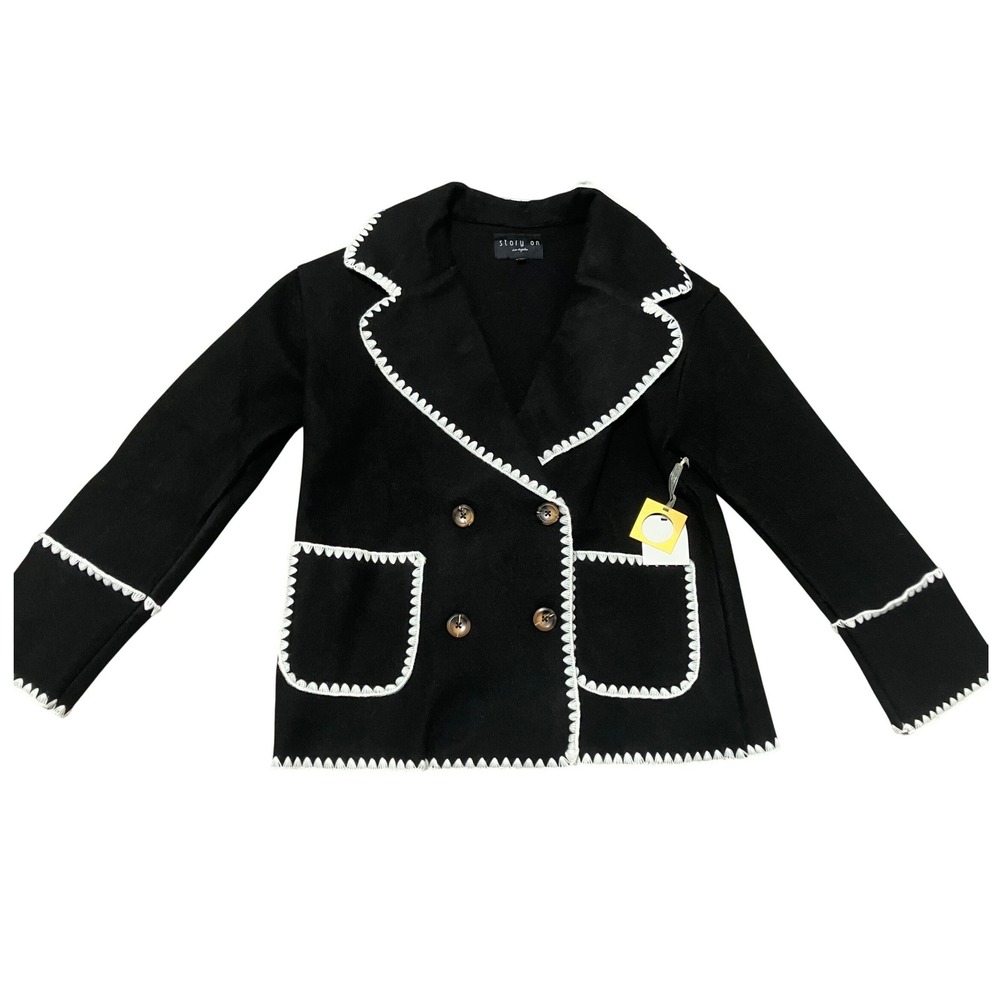 Story On Los Angeles Black Knit Ric Rac Trim Double Breasted Blazer SJ5001 NEW